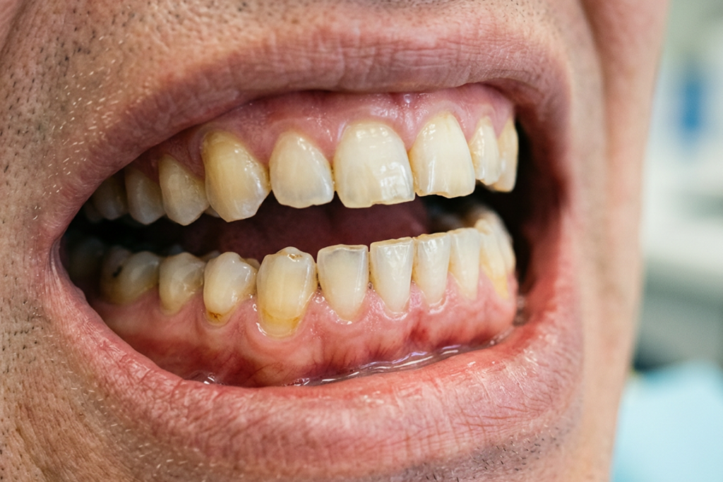 Primo piano di denti consumati e scheggiati dal bruxismo con segni evidenti di usura dentale.